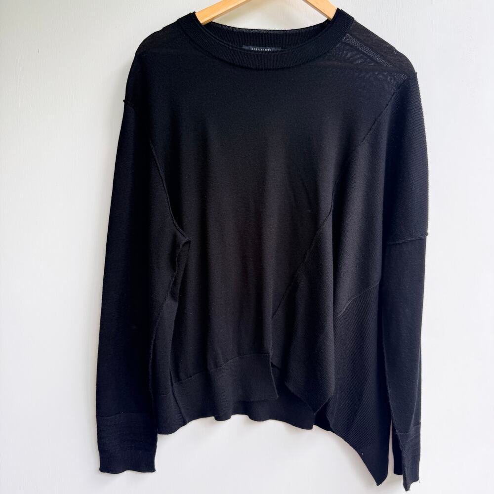 ALLSAINTS Isla Women's Black Asymmetric Merino Wool Sweater Knit Crew Neck Large